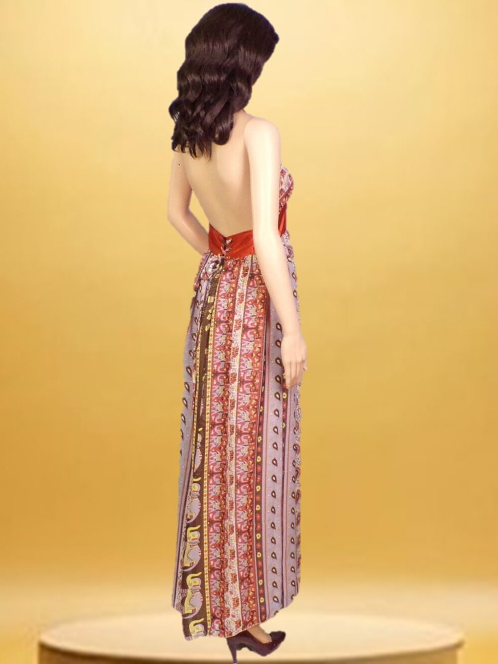 TRICIA FIX size S multicolor elephant-theme off-the-shouldr fit/flare maxi dress - Picture 4 of 14